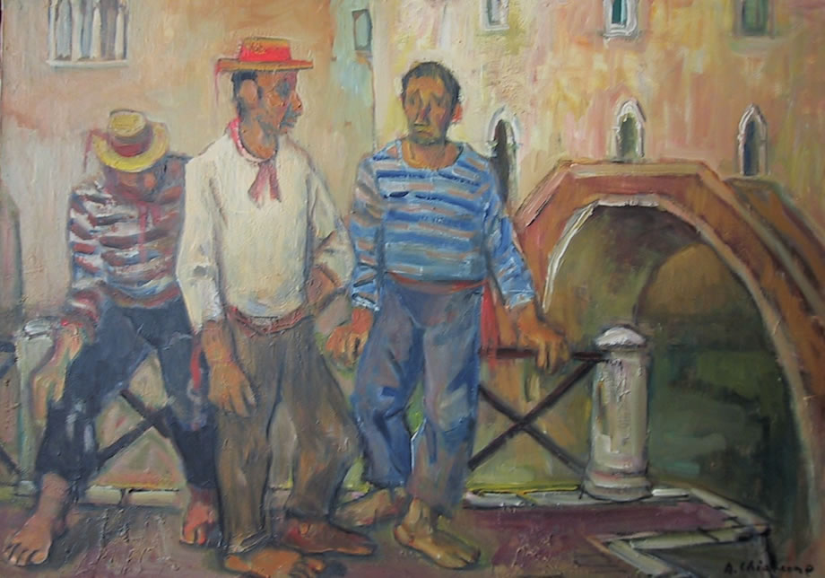 Tre gondolieri, 1968, olio su tela, cm 70x100, Napoli, collezione privata